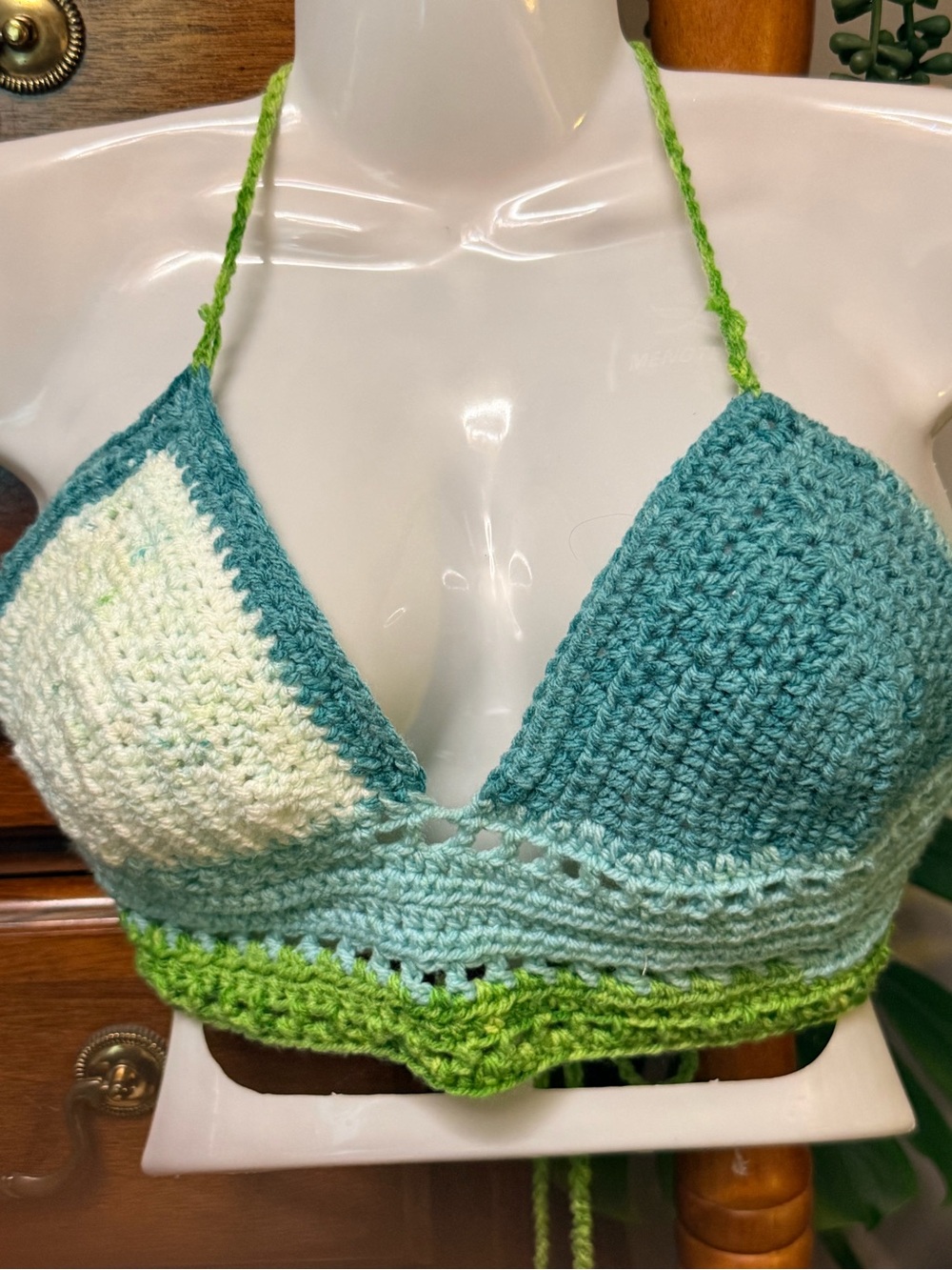 Handmade Crocheted Triangle Bralette Top in Teal, Mint & Lime